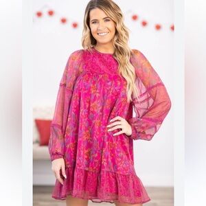Hailey & Co Floral Boho Style Hot Pink  Long Sleeve Dress Size Medium